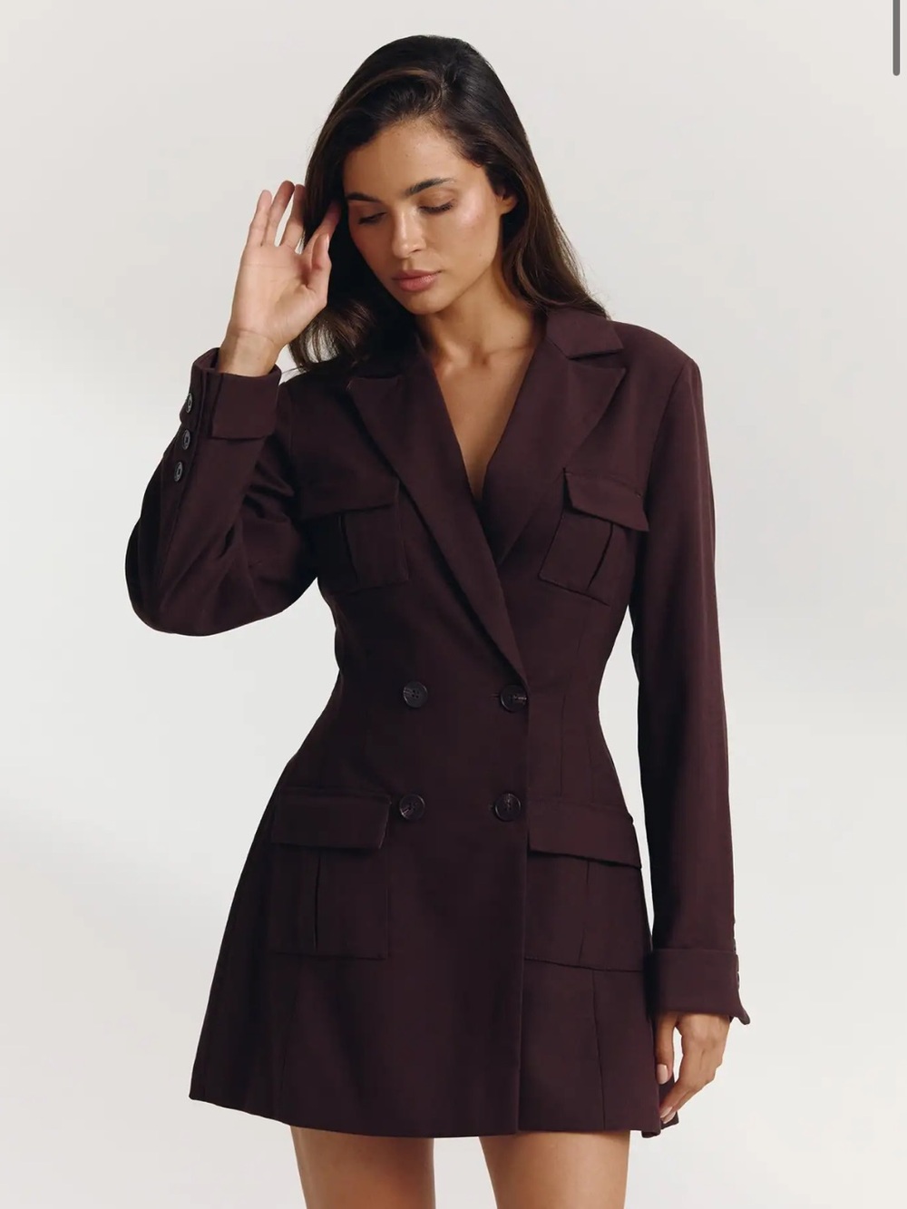 Tailored Double-Breasted Blazer Dress — Dark Brown
